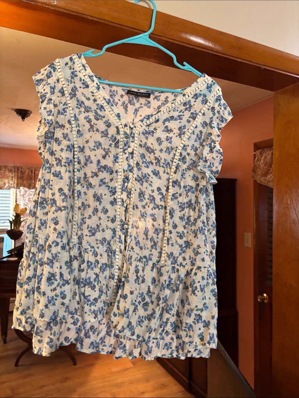 Lane Bryant White Blouse with Blue Floral Print and V-Neck